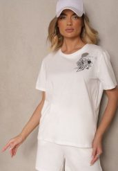 Biały Bawełniany T-shirt z Ozdobnym Nadrukiem i Cyrkoniami Teomala. Białe t-shirty damskie Renee, l, bez wzorów, z bawełny, eleganckie, bez kołnierzyka, bez ramiączek. Za 34.99 zł.