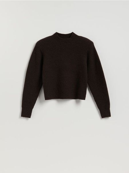 Sweter z wełną - ciemnobrązowy. Brązowe swetry nierozpinane damskie Reserved, l, bez wzorów, z dzianiny, bez kołnierzyka, bez ramiączek. Za 199.99 zł.