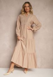 Beżowa Rozkloszowana Sukienka z Wiskozy w Stylu Boho z Koronką i Gumką Gonalien. Brązowe sukienki damskie Renee, na co dzień, na lato, l, bez wzorów, z koronki, boho, bez kołnierzyka, bez ramiączek, maxi, rozkloszowane. Za 119.99 zł.