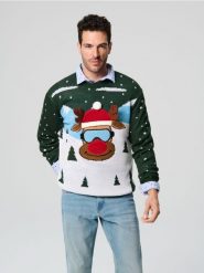 Sweter z motywem świątecznym - zielony. Zielone swetry męskie Sinsay, l, bez wzorów, wizytowe, bez kołnierzyka, bez ramiączek. Za 69.99 zł.