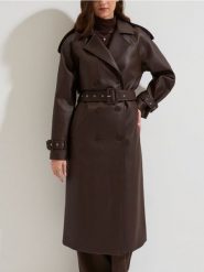 Trencz z imitacji skóry z paskiem - brązowy. Brązowe płaszcze damskie Sinsay, l, bez wzorów, ze skóry, bez kołnierzyka, bez kaptura. Za 139.99 zł.