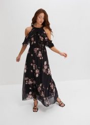 Długa sukienka z siateczki. Czarne sukienki damskie bonprix, bez wzorów, bez kołnierzyka, bez ramiączek, maxi. Za 189.99 zł.