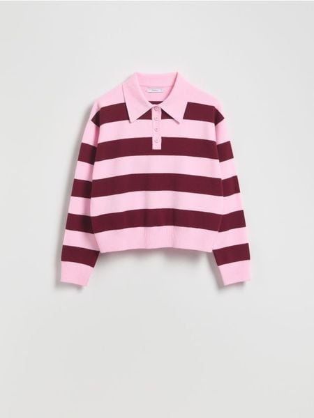 Sweter polo z wiskozą - bordowy. Czerwone swetry nierozpinane damskie Reserved, l, bez wzorów, z dzianiny, bez kołnierzyka, bez ramiączek. Za 129.99 zł.