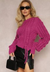 Ciemnofioletowy Sweter z Ozdobnym Sznurowaniem na Dole i Ściągaczami Miritu. Fioletowe swetry nierozpinane damskie Renee, bez wzorów, z wiskozy, casualowe, bez kołnierzyka, bez ramiączek. Za 119.99 zł.