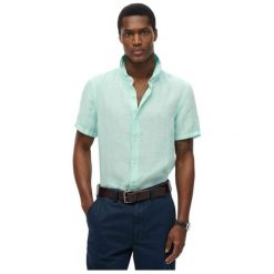 Lniania koszula na wakacje Superdry. Zielone koszule męskie Superdry, na lato, m, bez wzorów, ze lnu, eleganckie, bez kołnierzyka, bez ramiączek. Za 294.00 zł.