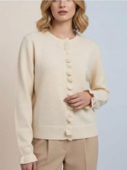 Kardigan z falbaną przy zapięciu - beżowy. Brązowe kardigany damskie Sinsay, l, bez wzorów, bez kołnierzyka. Za 49.99 zł.