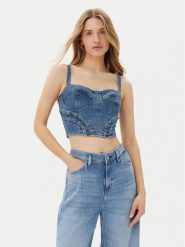 Guess Top W5GH86 D4H7C Niebieski Regular Fit. Niebieskie topy damskie Guess, xs, z aplikacjami, z bawełny, bez kołnierzyka, bez ramiączek. Za 319.99 zł.