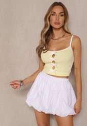 Żółty Top z Prążkowanego Materiału Ozdobiony Kokardami Lenissea. Żółte topy damskie Renee, z aplikacjami, z jeansu, eleganckie, bez kołnierzyka, bez ramiączek. Za 54.99 zł.