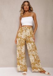 Beżowe Spodnie Typu Palazzo z Wiskozy High Waist z Gumką w Talii Jenena. Brązowe spodnie materiałowe damskie Renee, bez wzorów, z jeansu, eleganckie, z podwyższonym stanem, krótkie. Za 49.99 zł.