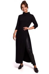 Czarna Długa Dzianinowa Tunika z Rozcięciem na Boku. Czarne sukienki damskie MOE, l, bez wzorów, z bawełny, bez kołnierzyka, bez ramiączek, maxi. Za 263.90 zł.