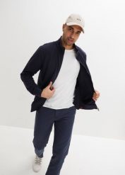 Bluza rozpinana ze stójką, z poliestru z recyklingu. Niebieskie bluzy męskie bonprix, l, bez wzorów, ze skóry, bez ramiączek, bez kaptura. Za 112.99 zł.