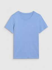 4F T-shirt regular gładki damski - niebieski XS. Niebieskie t-shirty damskie 4F, xs, bez wzorów, z bawełny, klasyczne, bez kołnierzyka, bez ramiączek. Za 49.99 zł.