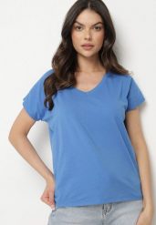 Niebieski Bawełniany T-shirt z Trójkątnym Dekoltem Linarosea. Niebieskie t-shirty damskie Born2be, m, bez wzorów, z bawełny, bez kołnierzyka, bez ramiączek. Za 39.99 zł.