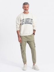 Męskie spodnie JOGGERY z zapinanymi kieszeniami cargo - khaki V1 OM-PAJO-0125 - XXL. Brązowe spodnie materiałowe męskie Ombre Clothing, bez wzorów, z bawełny. Za 107.99 zł.