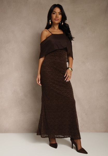 Brązowa Sukienka o Asymetrycznym Kroju Ozdobiona Falbaną Owedia. Brązowe sukienki damskie Renee, l, bez wzorów, z poliesteru, eleganckie, z asymetrycznym kołnierzem, bez ramiączek, asymetryczne. Za 189.99 zł.