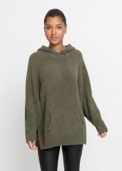 Sweter z kapturem, z polaru baranka. Zielone swetry nierozpinane damskie bonprix, na zimę, bez wzorów, z polaru, bez kołnierzyka, bez ramiączek. Za 127.99 zł.
