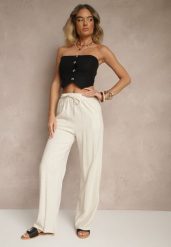 Jasnobeżowe Lniane Spodnie High Waist z Wiskozą o Szerokim Fasonie Zellimia. Brązowe spodnie materiałowe damskie Renee, bez wzorów, z jeansu, z podwyższonym stanem. Za 59.99 zł.
