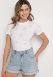 Biały Bawełniany T-shirt z Cyrkoniowymi Aplikacjami w Gwiazdki Tenivella. Białe t-shirty damskie Born2be, l, z aplikacjami, z bawełny, biznesowe, bez kołnierzyka, bez ramiączek. Za 34.99 zł.