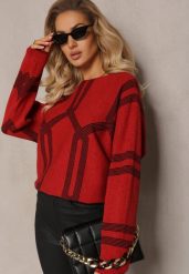 Czerwony Sweter z Okrągłym Dekoltem i Wzorem w Paski Busso. Czerwone swetry nierozpinane damskie Renee, xl, bez wzorów, casualowe, bez kołnierzyka, bez ramiączek. Za 99.99 zł.