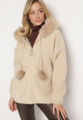Beżowa Bluza z Wiskozą Wełną Kapturem Pomponami i Odpinanym Futerkiem Delavine. Brązowe bluzy damskie Born2be, l, bez wzorów, z jeansu, eleganckie, bez ramiączek. Za 229.99 zł.