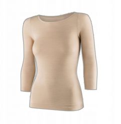 LS1628W Koszulka damska z rękawem 3/4 COMFORT MERINO beżowy S. Brązowe bluzki damskie Brubeck, s, bez wzorów, bez kołnierzyka, bez ramiączek. Za 247.33 zł.