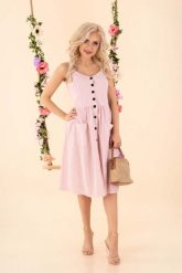 Rozkloszowana Sukienka w Paski - Różowa. Czerwone sukienki damskie Merribel, l, bez wzorów, z elastanu, bez kołnierzyka, bez ramiączek, rozkloszowane. Za 132.90 zł.