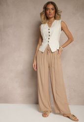 Ciemnobeżowe Szerokie Spodnie z Wiskozy High Waist Naivella. Brązowe spodnie materiałowe damskie Renee, bez wzorów, z jeansu, eleganckie, z podwyższonym stanem. Za 39.99 zł.