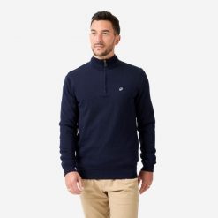 Sweter do golfa męski wiatroszczelny MW500 z wysokim kołnierzem. Niebieskie swetry męskie INESIS, m, bez wzorów, z bawełny, eleganckie, bez kołnierzyka, bez ramiączek. Za 199.99 zł.