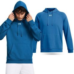 Bluza fitness męska UNDER ARMOUR Rival Fleece Hoodie z kapturem. Niebieskie bluzy męskie Under Armour, m, bez wzorów, sportowe, bez ramiączek, z kapturem. Za 340.33 zł.