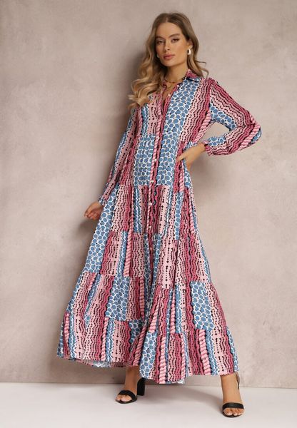 Niebiesko-Różowa Sukienka Maxi o Koszulowym Fasonie Vender. Niebieskie sukienki damskie Renee, l, z aplikacjami, z tkaniny, bez kołnierzyka, bez ramiączek, maxi, koszulowe. Za 119.99 zł.