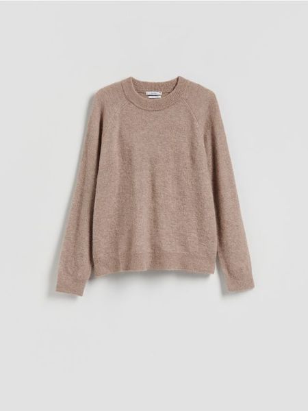 Sweter z wełną - brązowy. Brązowe swetry nierozpinane damskie Reserved, l, bez wzorów, z dzianiny, bez kołnierzyka, bez ramiączek. W wyprzedaży za 89.99 zł.