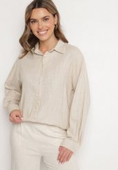 Beżowa Koszula z Wiskozą i Lnem o Kroju Oversize Katavie. Brązowe koszule damskie Born2be, m, bez wzorów, z jeansu, eleganckie, bez kołnierzyka, bez ramiączek. Za 84.99 zł.