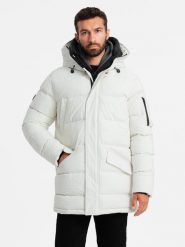 Męska długa kurtka parka ze strukturalnej tkaniny – biała V1 OM-JALJ-0201 - XXL. Białe kurtki męskie Ombre Clothing, l, z aplikacjami, z gumy, bez kołnierzyka. W wyprzedaży za 249.99 zł.
