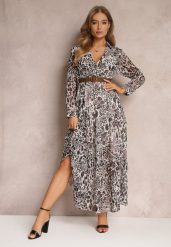 Biało-Brązowa Sukienka Hellanassa. Białe sukienki damskie Renee, l, z aplikacjami, eleganckie, bez kołnierzyka, bez ramiączek, maxi, kopertowe. Za 44.99 zł.