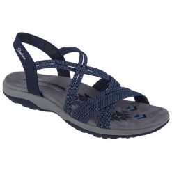 Sandały damskie, Skechers Reggae Slim - Turn It Up. Niebieskie sandały damskie Skechers, bez wzorów, bez obcasa, bez zapięcia. Za 249.99 zł.