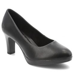 Czółenka damskie Rieker w klasycznym fasonie z zaokrąglonym noskiem stabilnym obcasem typu słupek i subtelną platformą czarne, 41560-01 Black. Czarne czółenka damskie Rieker, bez wzorów, klasyczne, bez obcasa, na platformie, bez zapięcia. Za 349.00 zł.