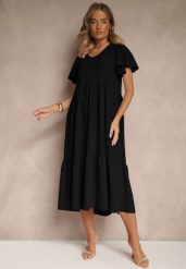 Czarna Rozkloszowana Sukienka z Wiskozą w Casualowym Stylu Filarenna. Czarne sukienki damskie Renee, na co dzień, l, bez wzorów, z wiskozy, eleganckie, bez kołnierzyka, bez ramiączek, midi, rozkloszowane. Za 54.99 zł.