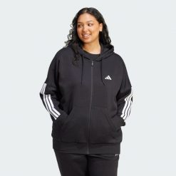 Bluza Essentials 3-Stripes Full-Zip Fleece Hoodie (Plus Size). Czarne bluzy damskie Adidas, plus size, bez wzorów, z materiału, sportowe, bez ramiączek, z kapturem. Za 259.00 zł.
