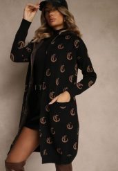 Czarny Kardigan z Kapturem Ozdobiony Geometrycznym Motywem Ralanessa. Czarne kardigany damskie Renee, l, bez wzorów, eleganckie, bez kołnierzyka. Za 109.99 zł.
