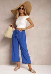 Niebieskie Szerokie Spodnie High Waist z Gumką w Pasie Jolfea. Niebieskie spodnie materiałowe damskie Renee, bez wzorów, z jeansu, eleganckie, z podwyższonym stanem. Za 39.99 zł.