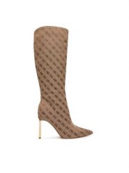 Guess Kozaki FLFCAY FAL11 Beżowy. Brązowe kozaki damskie Guess, z aplikacjami, z materiału, bez obcasa, na szpilce, bez zapięcia. Za 824.99 zł.