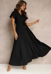 Czarna Koktajlowa Maxi Sukienka Ozdobiona Plisami z Trójkątnym Dekoltem i Wiązaniem w Talii Phoelia. Czarne sukienki damskie Renee, na imprezę, m, bez wzorów, eleganckie, bez kołnierzyka, bez ramiączek, maxi. Za 49.99 zł.