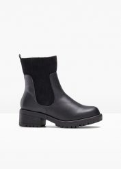 Botki. Czarne botki damskie bonprix, bez wzorów, ze sztruksu, bez obcasa, bez zapięcia. Za 144.99 zł.