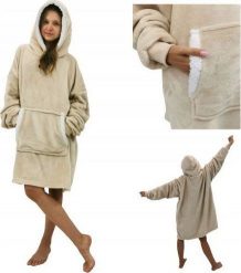 Kontrast Ciepła gruba bluza z kapturem kocobluza oversize beżowa. Brązowe bluzy damskie kontrast, bez wzorów, bez ramiączek, z kapturem. Za 99.85 zł.