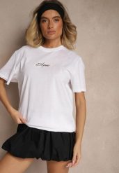 Biała Bawełniana Koszulka T-shirt z Małym Napisem Lanivelle. Białe bluzki damskie Renee, m, bez wzorów, z bawełny, eleganckie, bez kołnierzyka, bez ramiączek. Za 34.99 zł.
