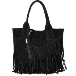 Shopperka boho skórzana VERA PELLE L83 czarna. Czarne shopperki damskie z aplikacjami, z materiału, zamszowe, bez dodatków. Za 175.99 zł.