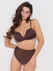 Dół od bikini z wysokim stanem - brązowy. Brązowe stroje kąpielowe damskie Sinsay, l, bez wzorów. Za 25.99 zł.