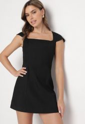Czarna Elegancka Sukienka z Kwadratowym Dekoltem Melretia. Czarne sukienki damskie Born2be, na spotkanie biznesowe, l, bez wzorów, eleganckie, bez kołnierzyka, bez ramiączek, mini, dopasowane. Za 119.99 zł.
