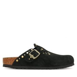 Klapki Birkenstock. Czarne klapki damskie Birkenstock, bez wzorów, bez obcasa, bez zapięcia. Za 649.99 zł.