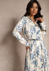 Biało-Niebieska Koszula z Wiskozą i Kwiatowym Wzorem Fenellea. Białe koszule damskie Renee, l, bez wzorów, z jeansu, eleganckie, bez kołnierzyka, bez ramiączek. Za 89.99 zł.